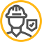 A gold circle with an illustration of a man in a hard hat and a check mark, indicating successful safety measures.