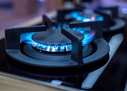 Cook stove with blue flames burning.