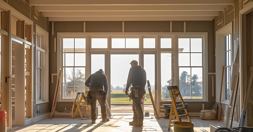 Workers installing doors and windows in a new house