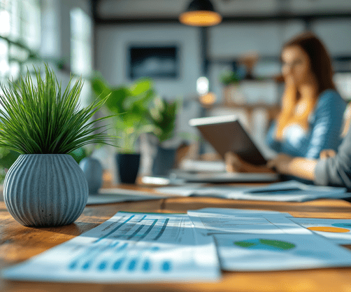 Person in the background and in the foreground, there is a plant with a report on a table